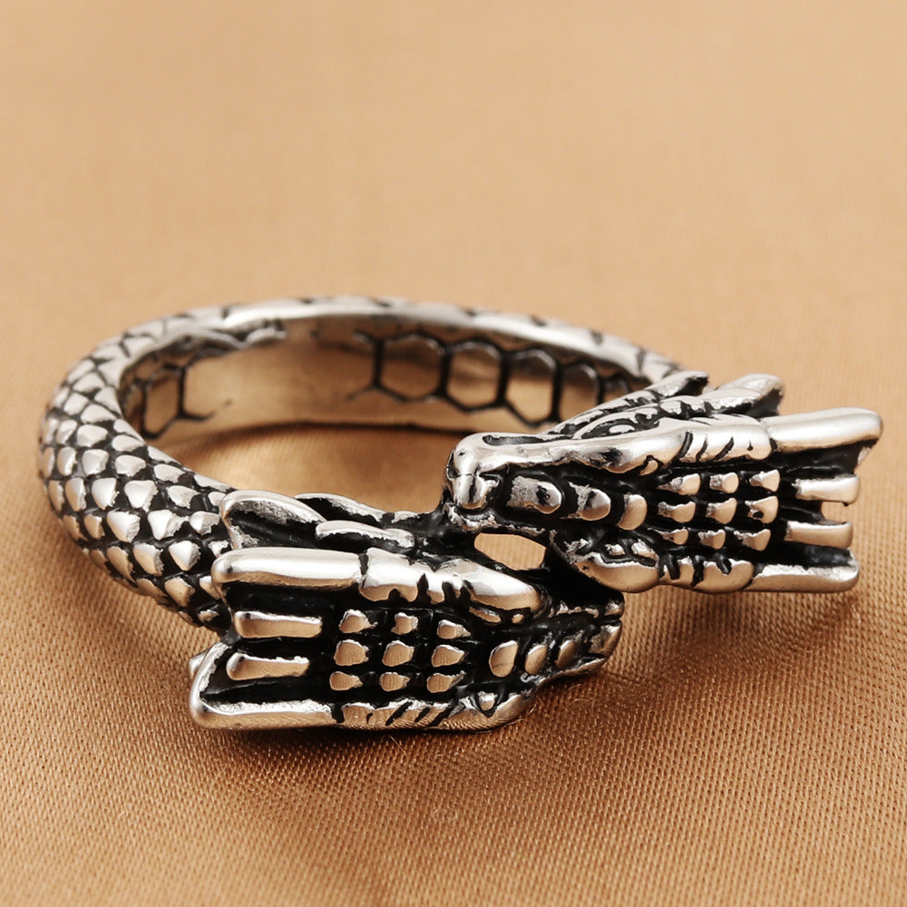 Titanium Steel Double-Headed Dragon Ring for Men - Retro Trendy European and American Jewelry