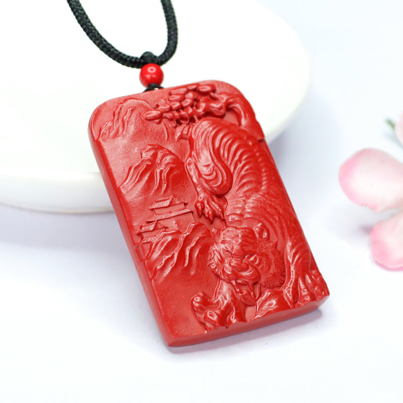 Luxurious Sterling Silver Cinnabar Tiger Rectangle Pendant