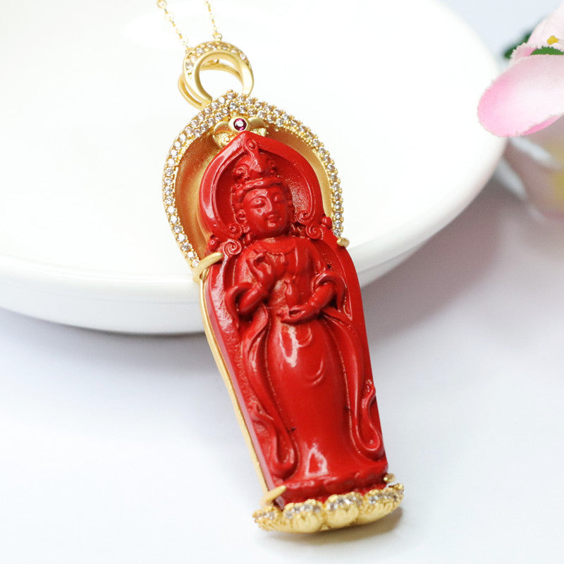 Divine Cinnabar Guanyin Necklace in Red Sand Golden Finish