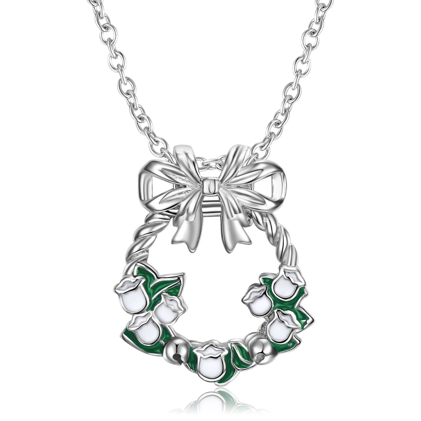 Christmas Bow Campanula Flower Wreath Silver Necklace