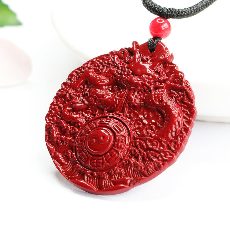 Dragon Bagua Sterling Silver Pendant with Cinnabar Stone - Prosperity and Protection Symbol