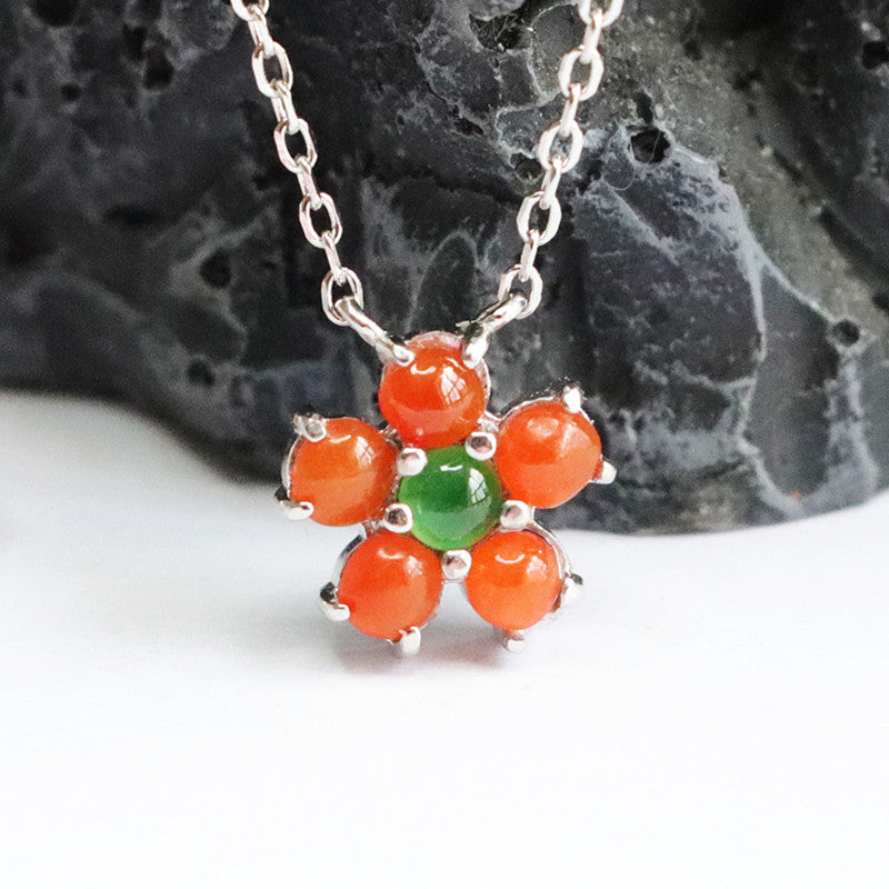 Ice Green and Red Jade Flower Necklace in Sterling Silver