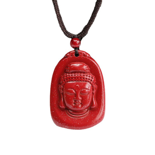 Purple Gold Buddha Head Pendant with Cinnabar Stone - Sterling Silver Jewelry