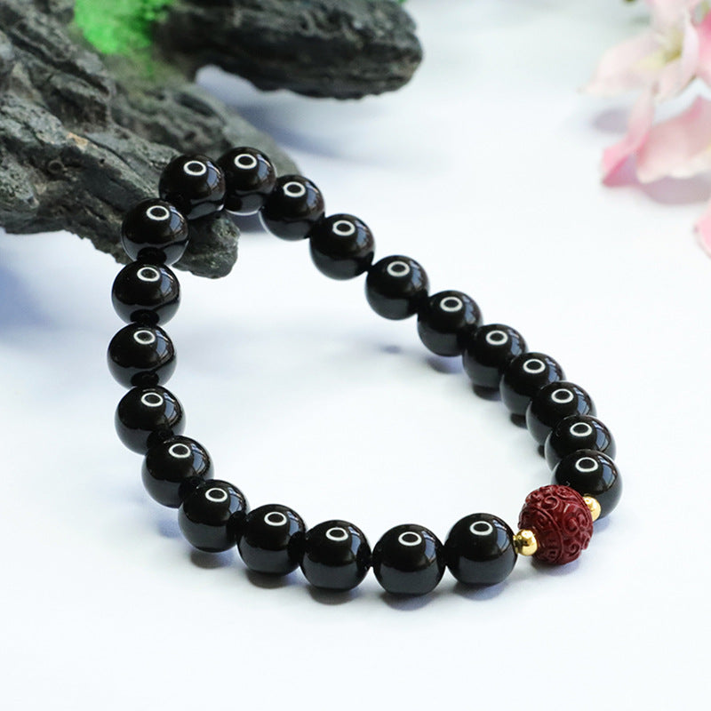 Black Agate and Purple Gold Sand Bead Sterling Silver Bracelet