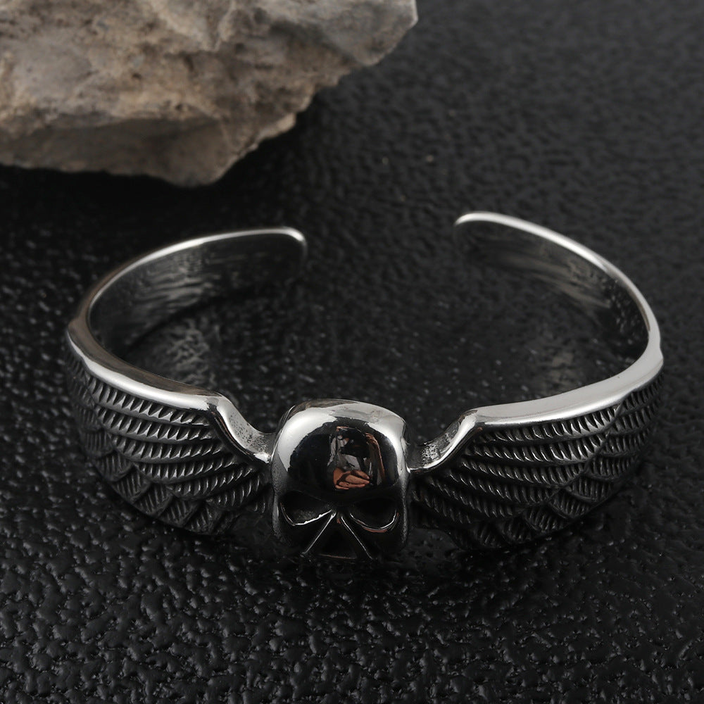 Titanium Steel Skull and Wing Open Bracelet for Trendy Men