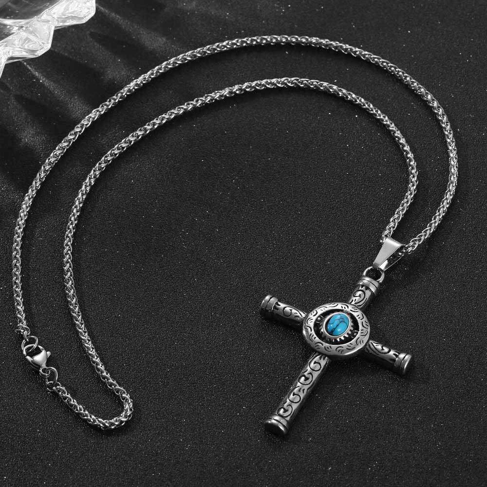 Titanium Steel Cross Pendant Necklace with Turquoise Accent for Men