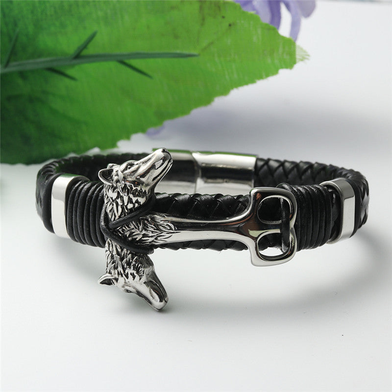 Men's Punk Leather Bracelet with Titanium Steel Wolf Design - Woven Animal Motif