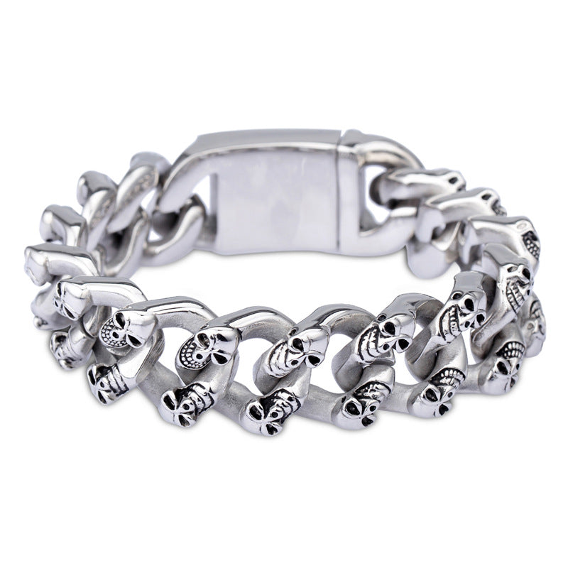 Stylish Double-Row Skull Titanium Steel Bracelet for Men - European and American Fashion