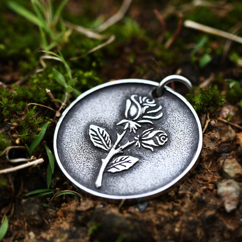 Vintage-Inspired Titanium Steel Rose Pendant with Minimalist Lettered Round Design for Men