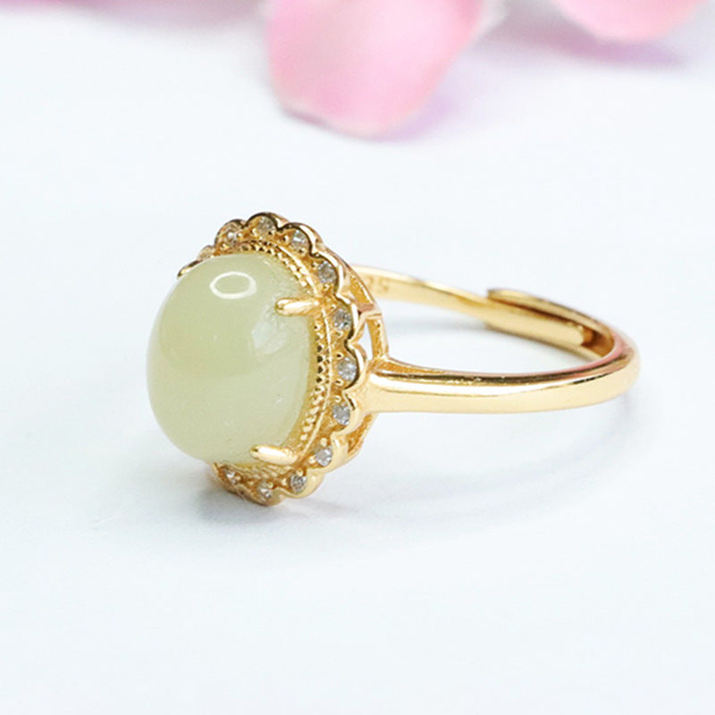 S925 Silver Hetian Jade and Zircon Petal Adjustable Ring