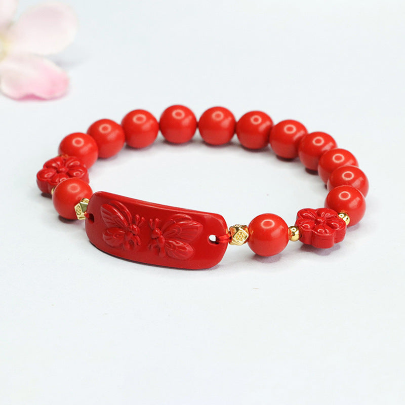 Red Butterfly Cinnabar Stone Sterling Silver Bracelet