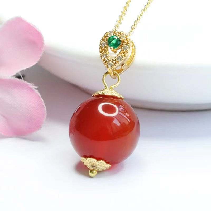 Natural Round Bead Red Agate Pendant Zircon Golden Necklace Jewelry