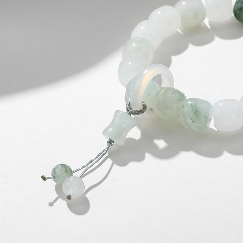 Natural Tianshan Jade Chalcedony Beaded Bracelet with Sterling Silver Charm