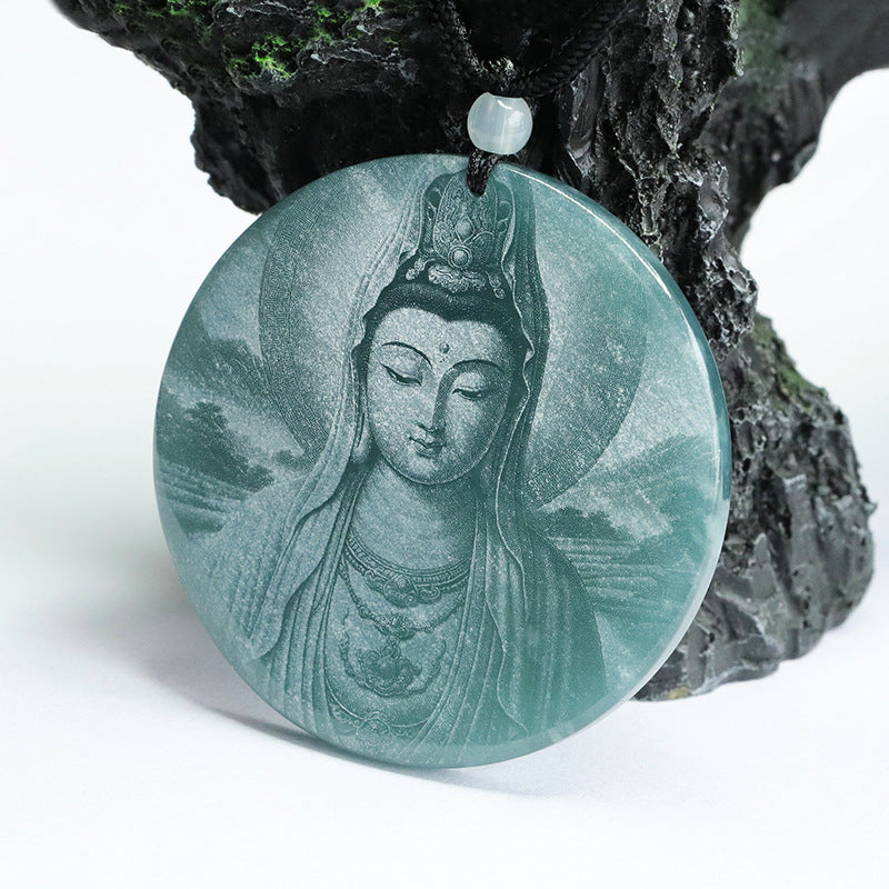 Guanyin Bodhisattva Carved Jade Pendant with Sterling Silver Chain