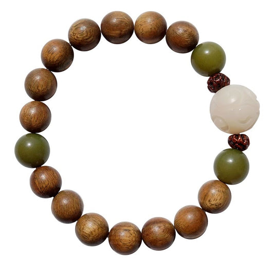 Elegant Chinese Style 8mm Green Sandalwood and Ruyi Bodhi Jade Bracelet with Unique Loop Design