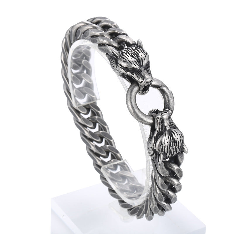 Punk-Inspired Stainless Steel Wolf Head Bracelet for Men - European and American Trend Design