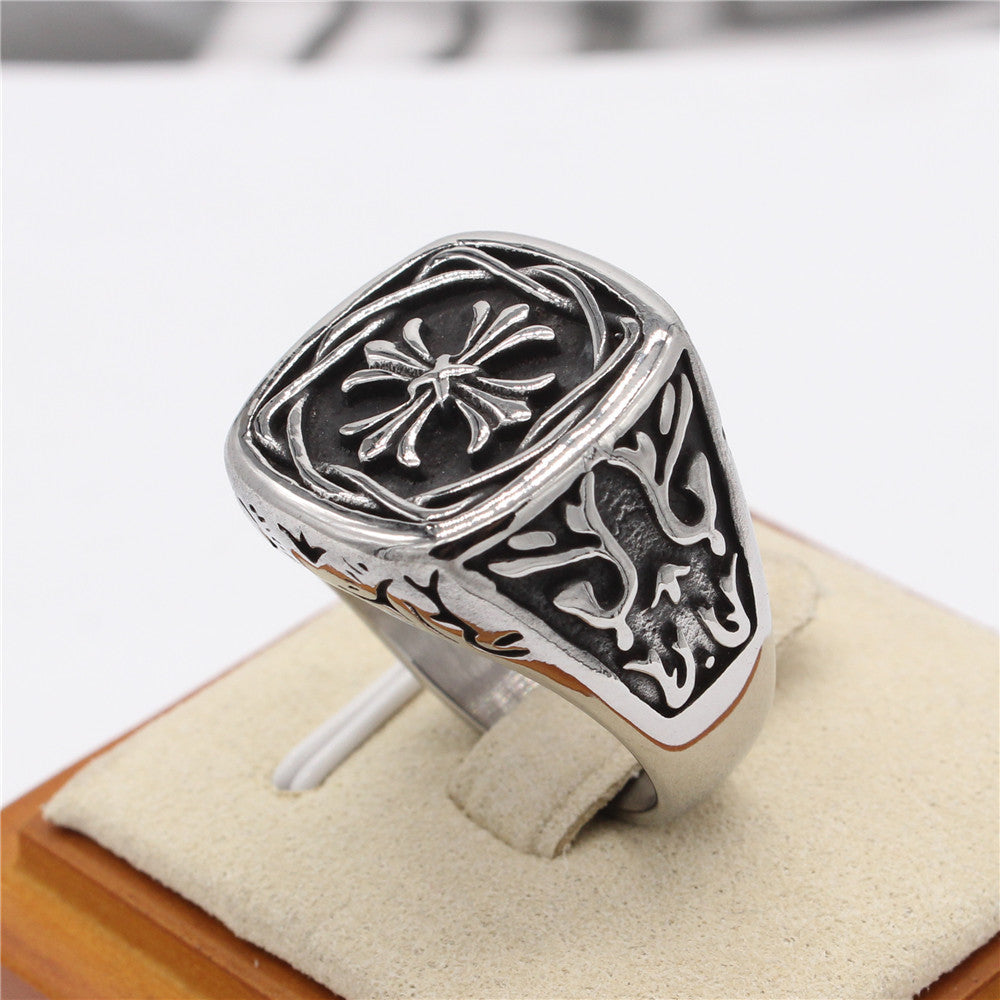 Retro Pattern Cross Flower Square Titanium Steel Ring for Men