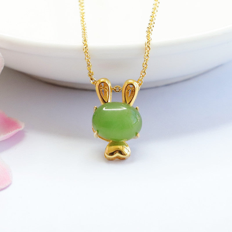 Sterling Silver Rabbit Necklace with Natural Hetian Jade Gem - Fortune's Favor Collection