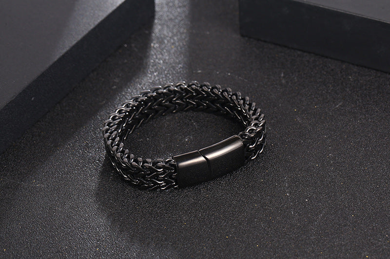 Trendy Titanium Steel Double-Row Square Chain Bracelet for Men in Silver and Black