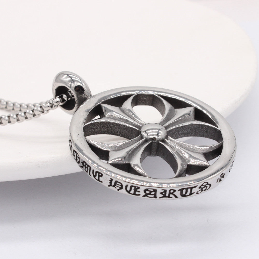 Cross Flower Hollow Round Titanium Steel Necklace for Men