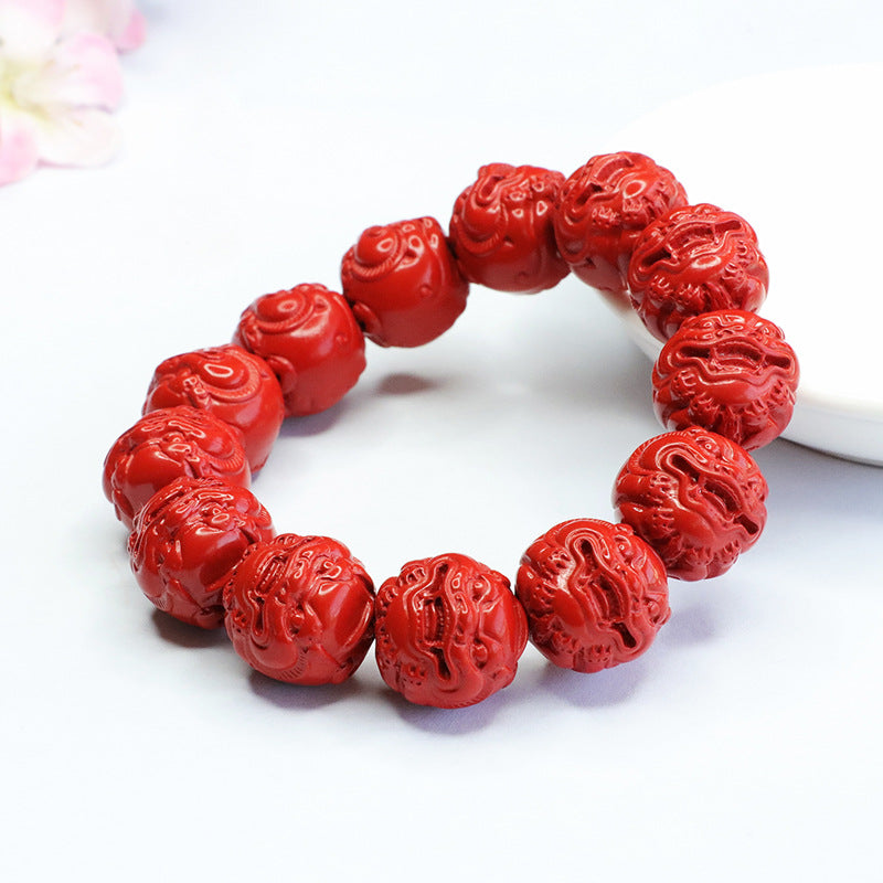 Red Sand Pixiu Head Sterling Silver Bracelet with Cinnabar Stone