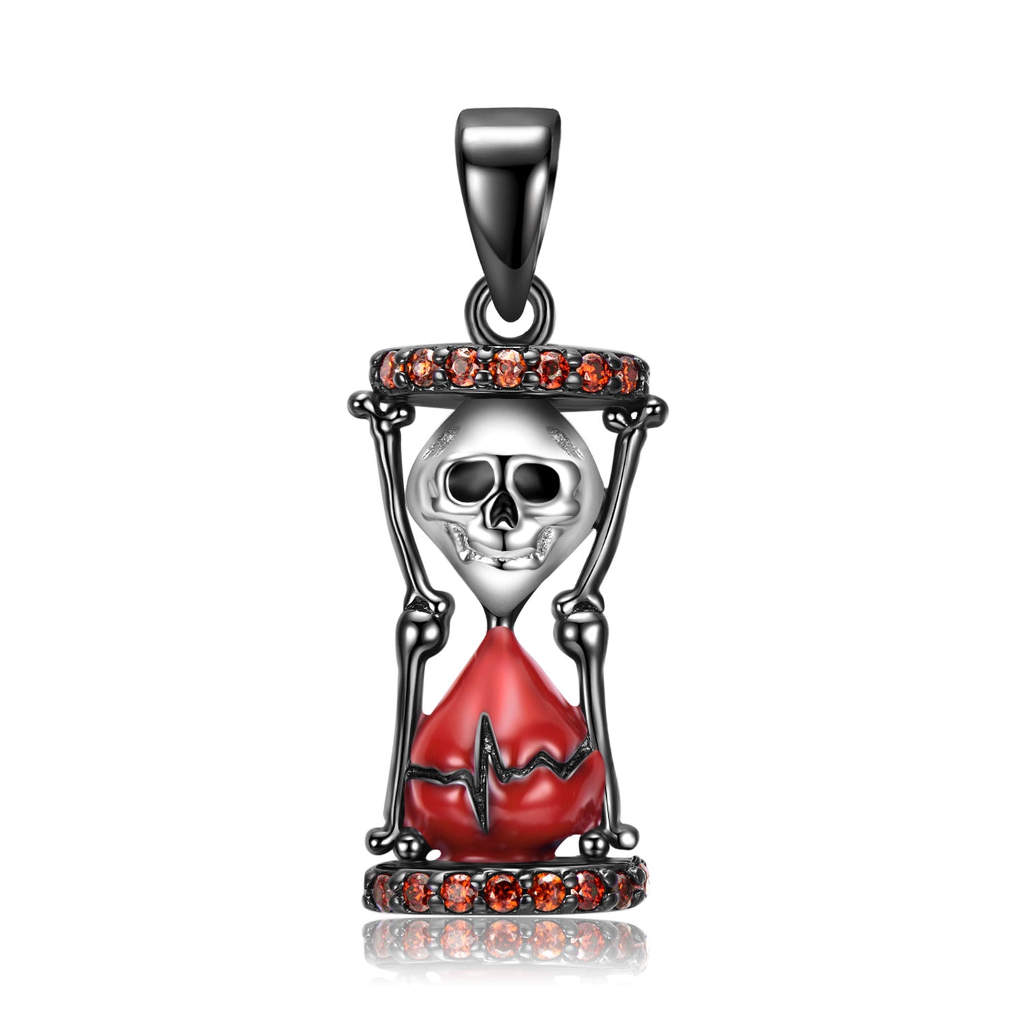 Halloween Skull Hourglass Pendant with Red Zircon Silver Necklace