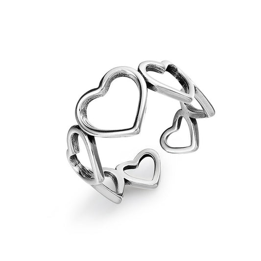 Row of Hollow Heart Shape Opening Sterling Silver Ring