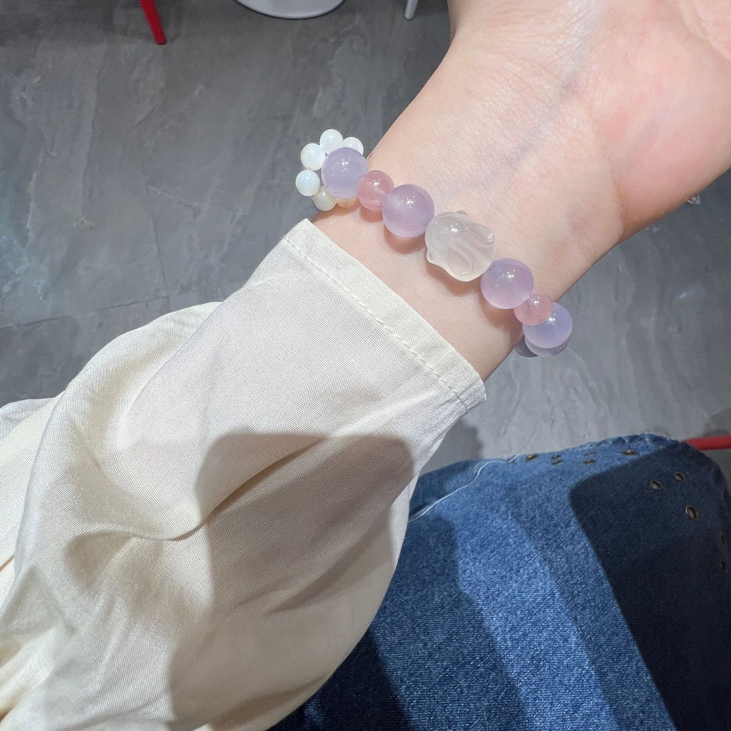 Charming Hand Bracelets with Purple Chalcedony, Lychee Agate, and Strawberry Crystal