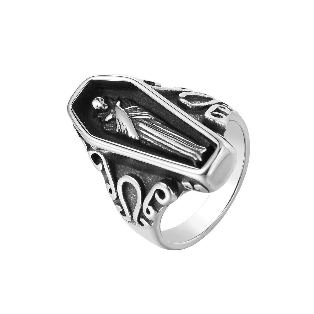 Halloween Skeleton Coffin Titanium Steel Ring for Men