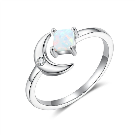 Square Opal and Moon with Zircon Opening Sterling Silver Ring