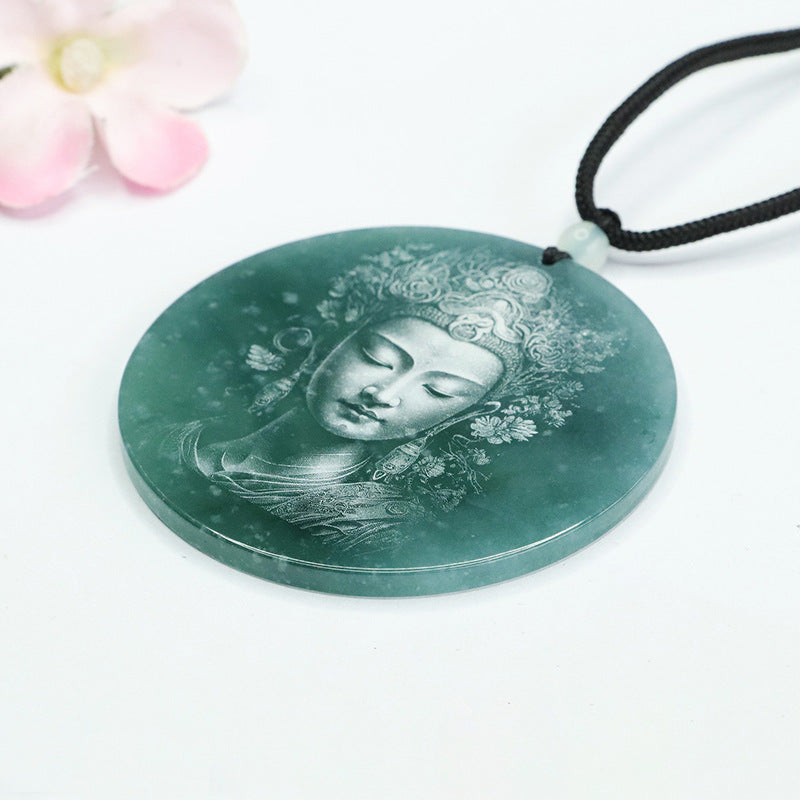 Green Jade Guanyin Bodhisattva Sterling Silver Pendant