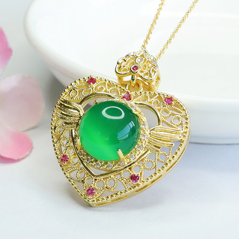 Natural Round Green Chalcedony Hollow Love Pendant Ethnic Style