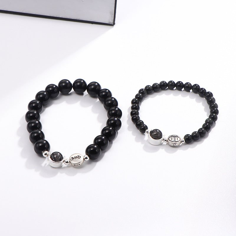 Fortune's Favor Sterling Silver Obsidian Couple Bracelet Set, Korean Style Gift for Students