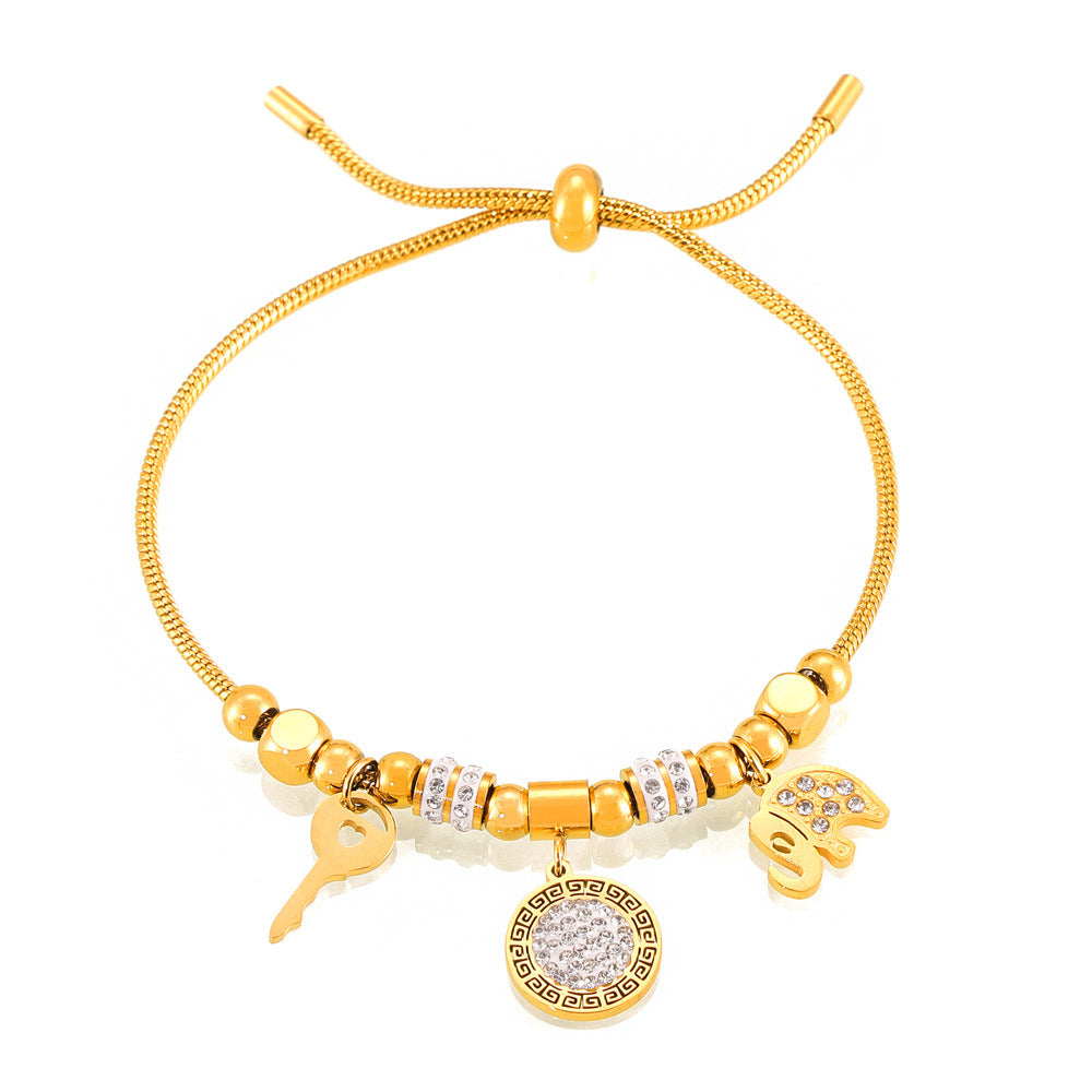 Golden Charm Bracelet with Zircon Pendant - Unique Titanium Steel Design