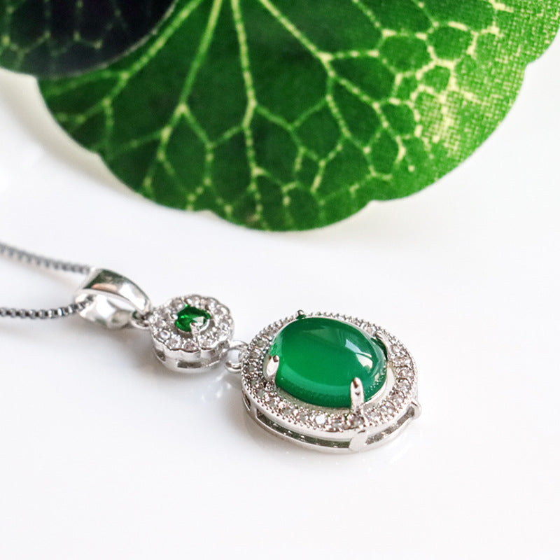 Green Chalcedony Zircon Oval Pendant - Sterling Silver Jewelry