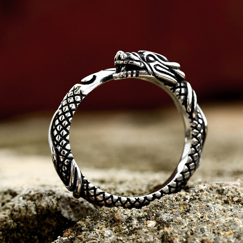 Vintage Stainless Steel Zodiac Dragon Ring for Men - Open Adjustable Design, Wholesale Foreign Trade