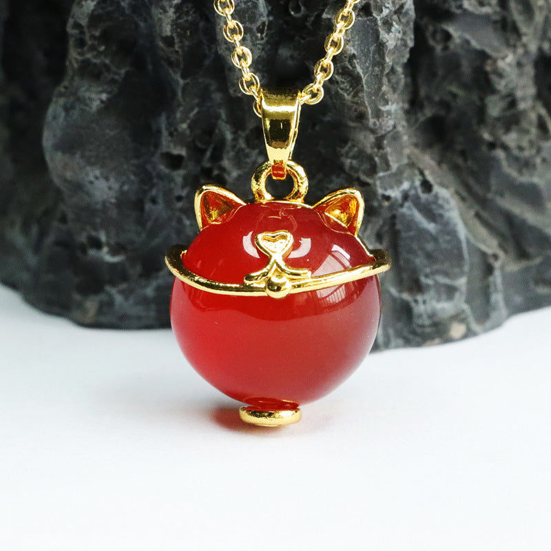 Round Bead Red Agate Wealth Cat Pendant Necklace Jewelry