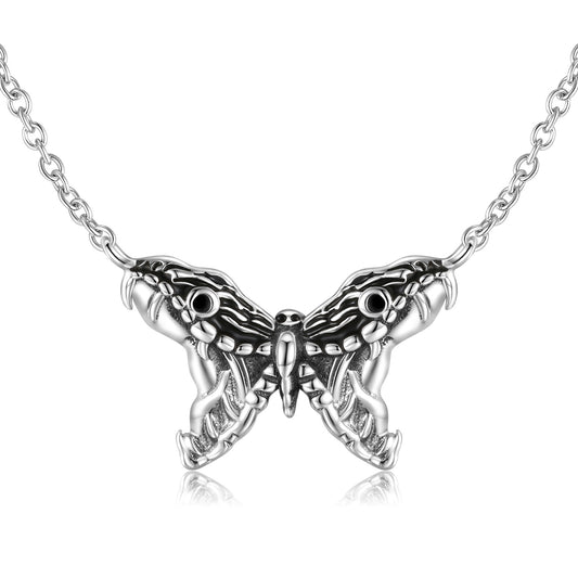 Double Snake Butterfly Pendant Silver Necklace