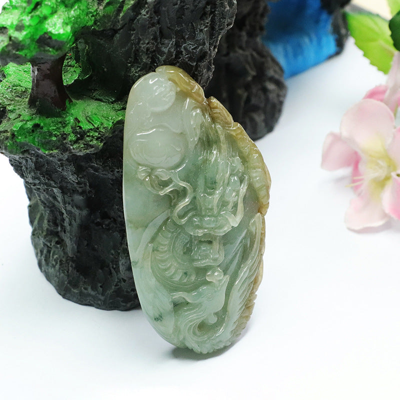 Green and Gold Dragon Phoenix Buddha Jade Pendant