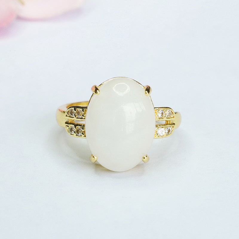 Elegant White Jade Sterling Silver Ring with Four Prongs