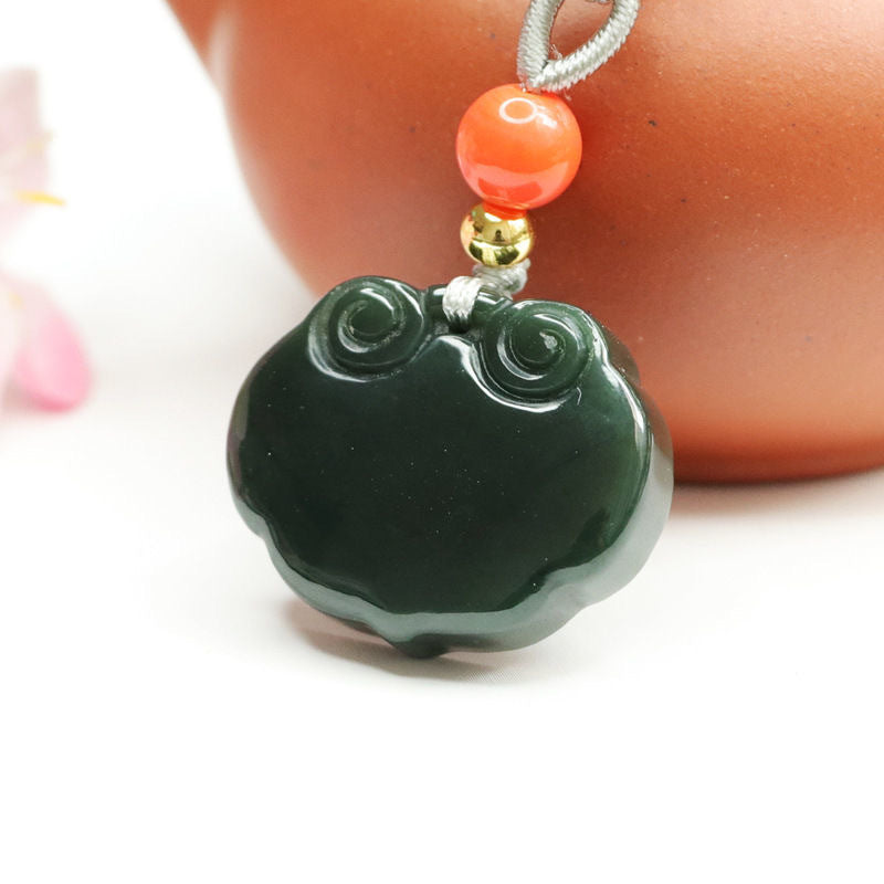 Green Jade Ruyi Lock Pendant with Sterling Silver Needle