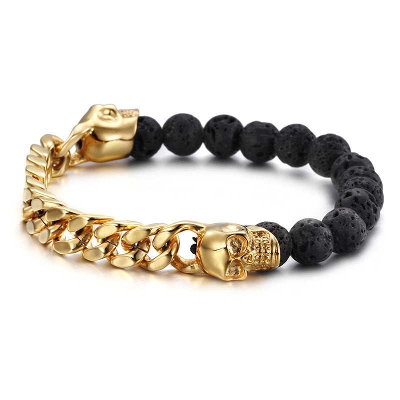 Men's Volcanic Stone Beaded Bracelet with Stainless Steel Skull Buddha Accent