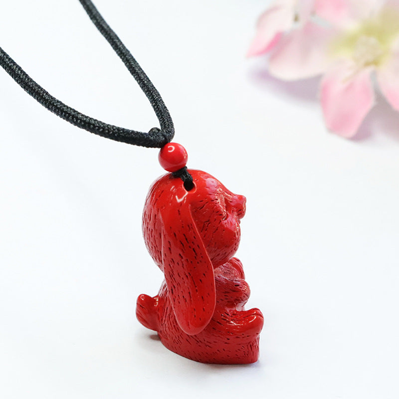 Vermilion Sand Rabbit Pendant with Cinnabar Stone - Sterling Silver Bunny Necklace