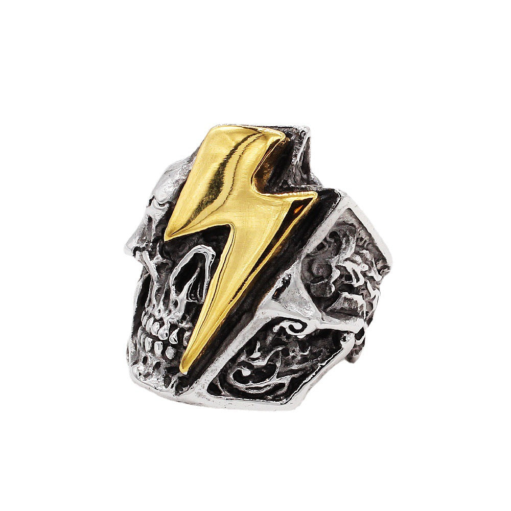 Men's Retro Skull Head Titanium Steel Ring with Lightning Design