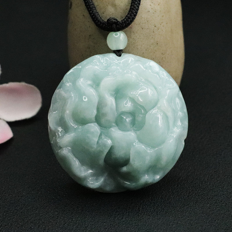 Fortune's Favor: Sterling Silver Jade Peony Flower Pendant