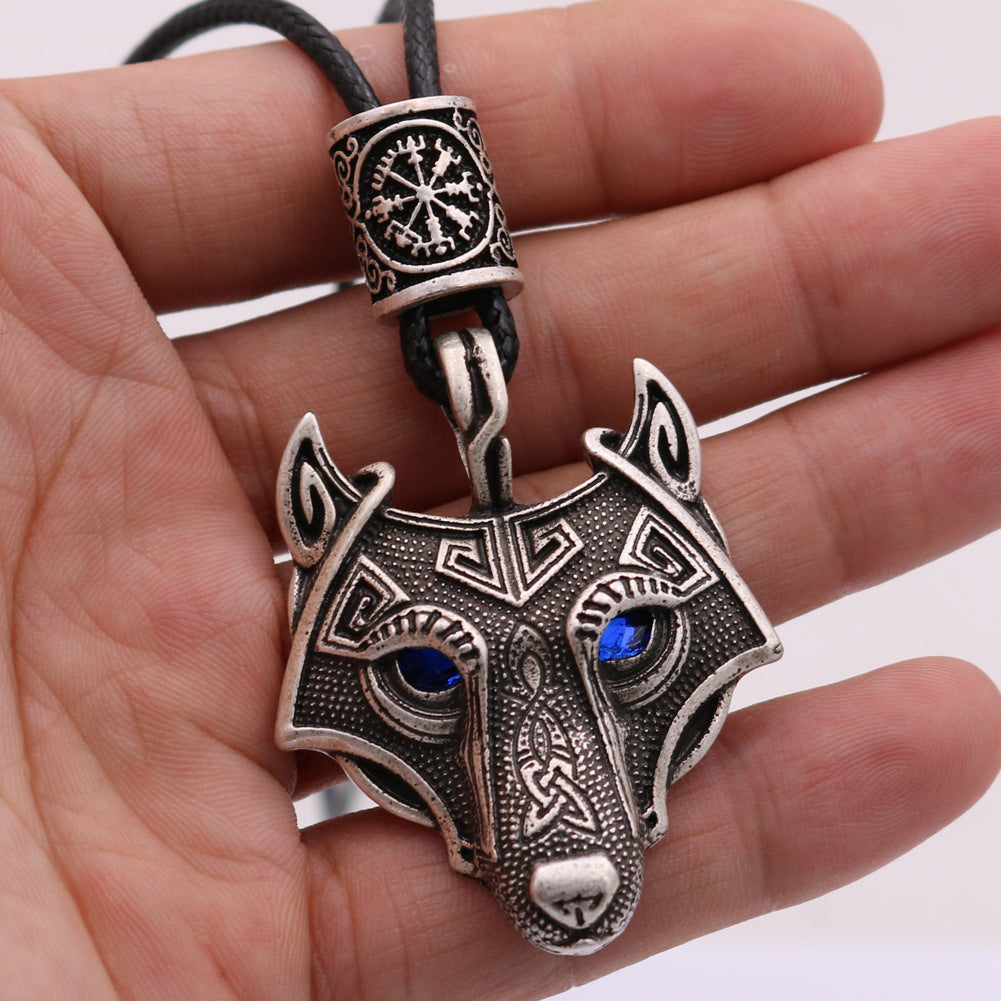 Viking Wolf Head Necklace with Celtic Knot Rune Beads for Men from Norse Legacy Collection