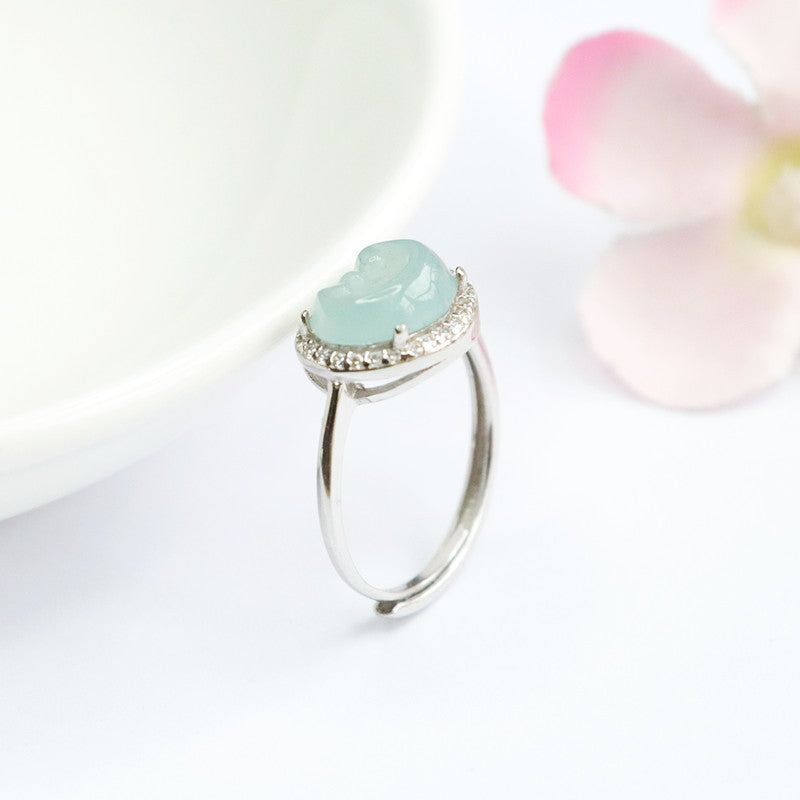 Sterling Silver Adjustable Ice Blue Green Jade Ruyi Ring with Zircon Halo