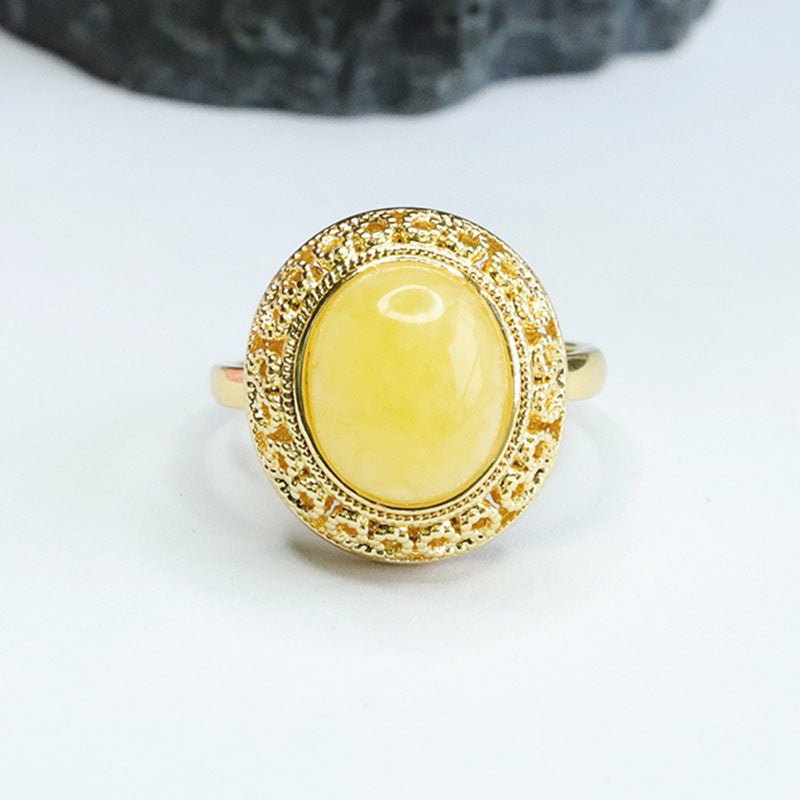 Amber Beeswax Ring with Sterling Silver Ruyi Design