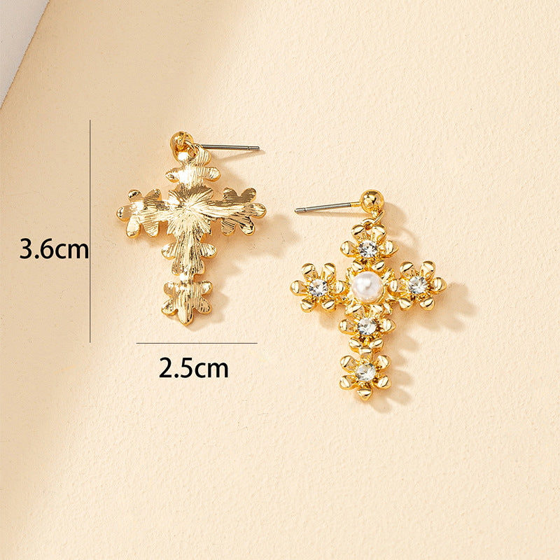 European and American Vienna Verve Metal Cross Earrings with Flower Design