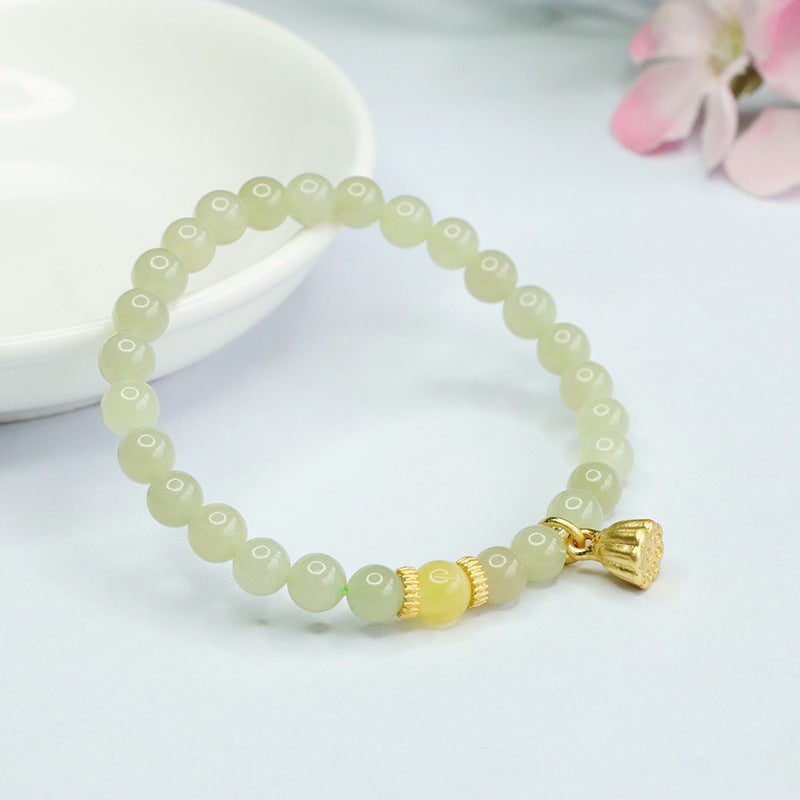 Honey Wax Lotus Seedpod Jade Bracelet with Sterling Silver Sailor String